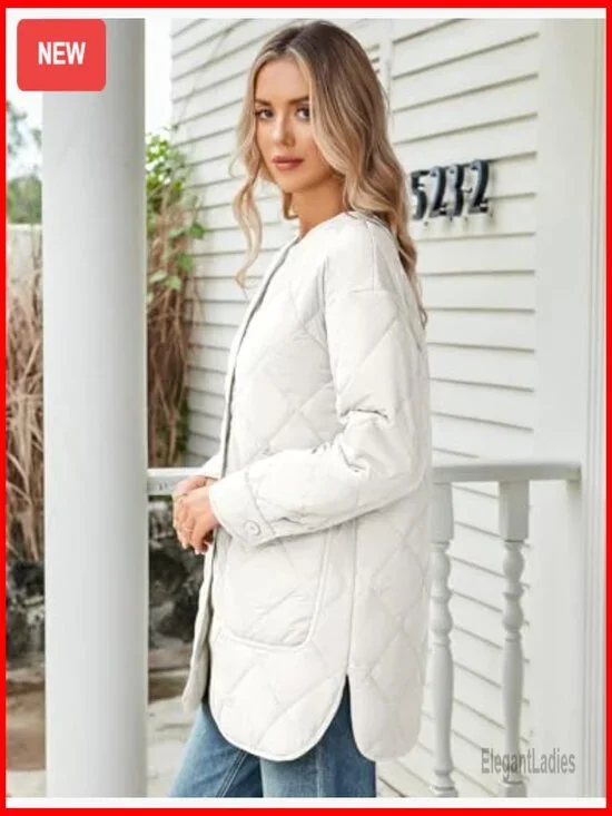 Lightweight Quilted Puffer Jacket with Pockets, Button Front, Mid-Length - Picture 4 of 7